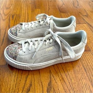 Puma Off-White Suede Glitter Toe Platform Sneakers Women’s 8 Style No. 365886 02